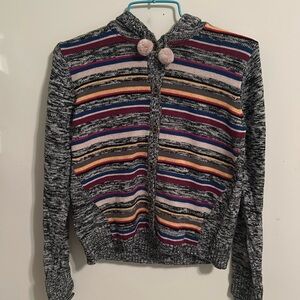 Girl’s L Multicolored Striped Button Up Sweater/Hoodie with Pom Poms
